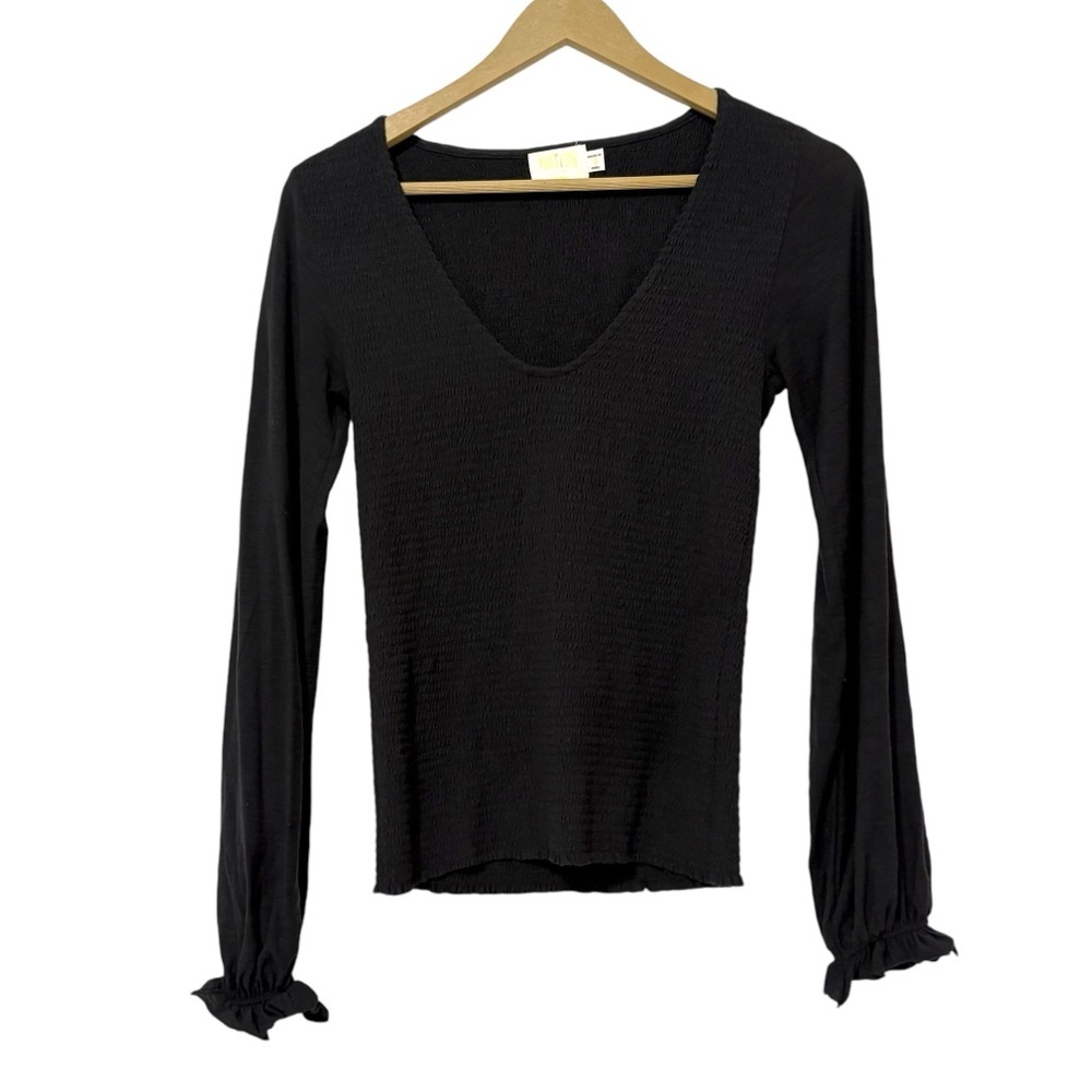 Nation LTD Black Smocked Body Balloon Sleeve Top Size Small Neutral Boho Fall